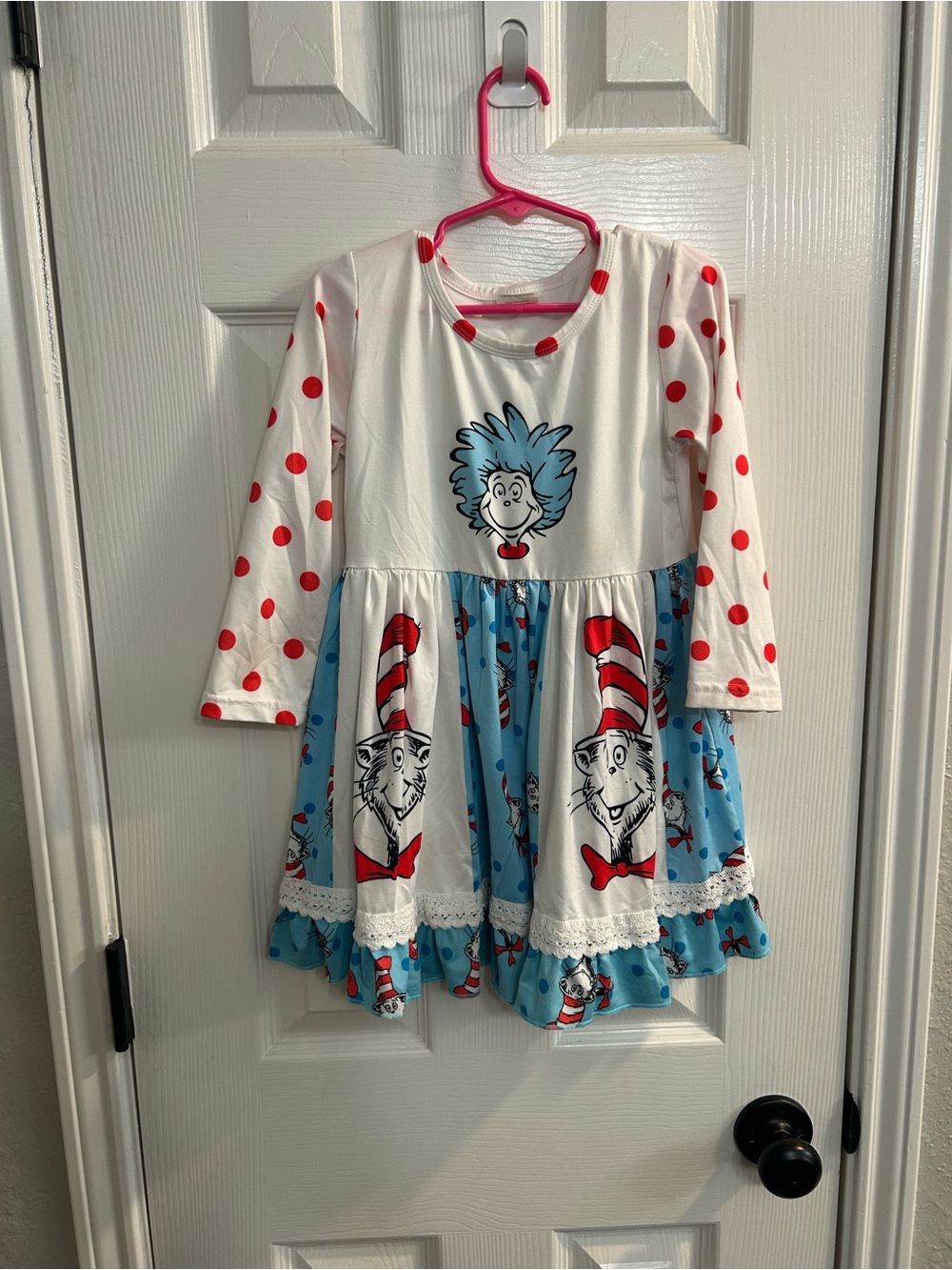Boutique Dr Seuss Cat in the Hat Thing Girls Long Sleeve Ruffle Twirl Dress 4T